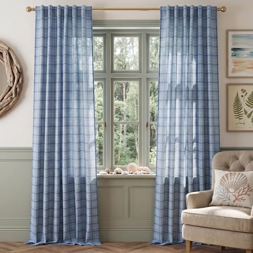 NICETOWN Seafoam Blue Linen Plaid Curtains for Bedroom 2 Panels Set