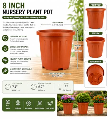 Image of 8 Inch Nursery Pots, 15 Packs Variety Plastic Pots with Drainage Hole, Plant Containers for Seedlings, Succulents, Transplanting (Red - Round)