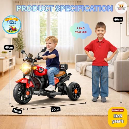 Image of Kids Electric Ride-On Bike with LED Headlight, Music & 3-Wheel Stability, Battery Powered Motorcycle Toy for Boys & Girls (Ages 1-4 Years) (RED)
