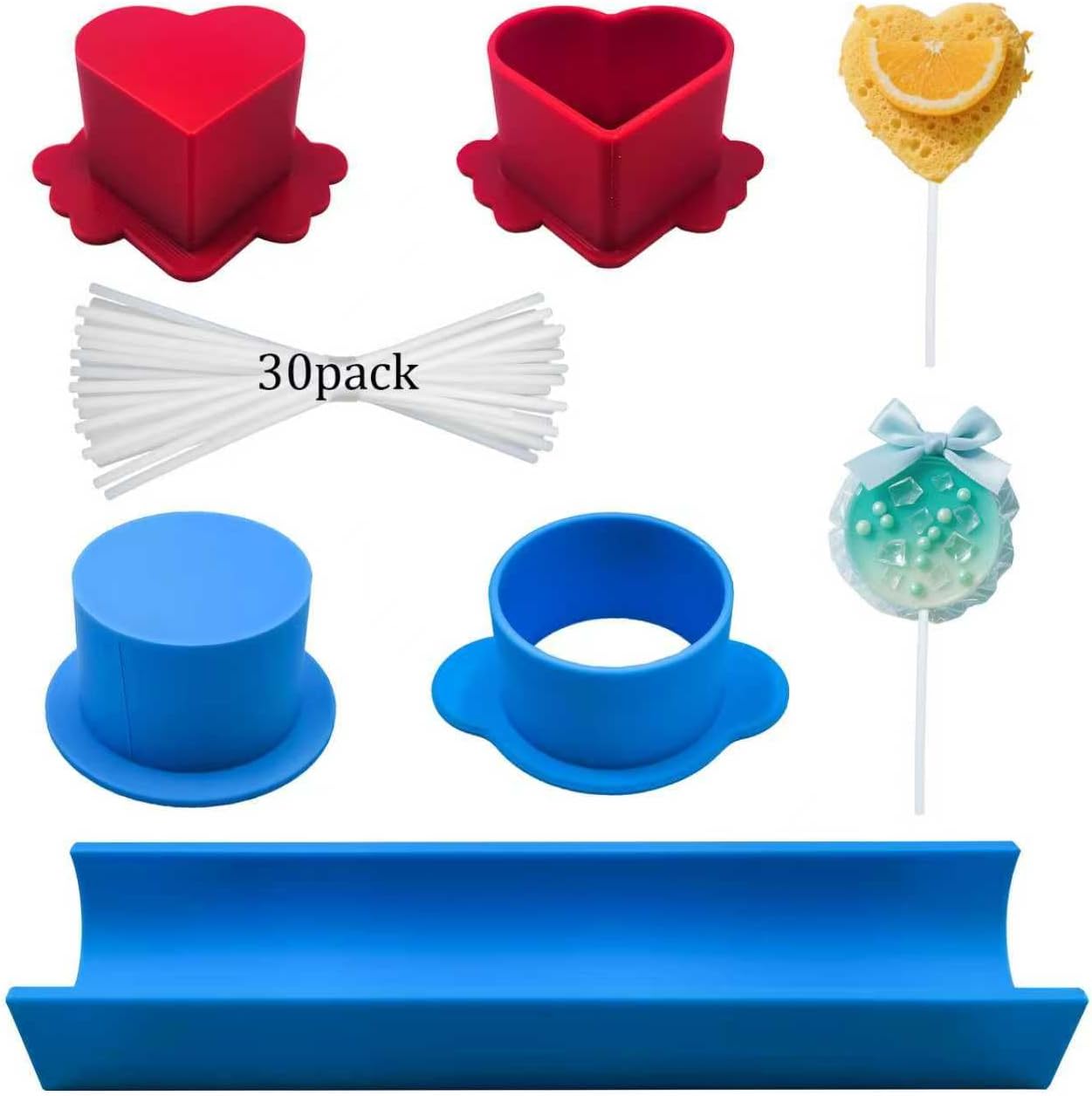 Circle and Heart Cake Pop Cutter and Pusher with 9in Tray 3D Printed Cake Pop Molds Shapes Press Set for Home Baking, Birthday Parties, Wedding Desserts with 30PCS White Lollipop Sticks