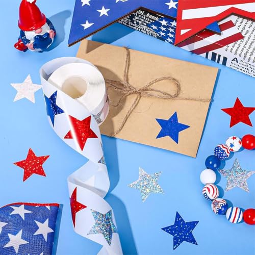 Image of 500 Pcs 4th of July Patriotic Stickers 1In American Sticker Fourth of July Label Red White and Blue Laser Glitter Star Sticker for Independence Day Memorial Day Reward Invelope Card Vote Stickers