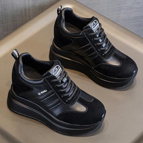 Image of AONEGOLD Platform Sneakers High Hidden Heel Sneakers for Women Wedge Leather Upper Fashion Lace up Increasing 3.94 inch