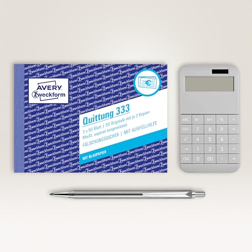 AVERY Zweckform 333 Quittungsblock (A6 quer, 3x50 Blatt, mit Durchschlag, fälschungssicher, separat ausgewiesene MwSt., für Deutschland und Österreich) weiß