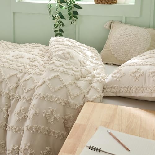 Bedsure Tufted Boho Comforter Set Twin Size - Beige Boho Bed Set, GentleSoft™ 2 Pieces Farmhouse Shabby Chic Embroidery Bedding, Gifts for Woman, Soft Jacquard Twin Comforter for All Seasons