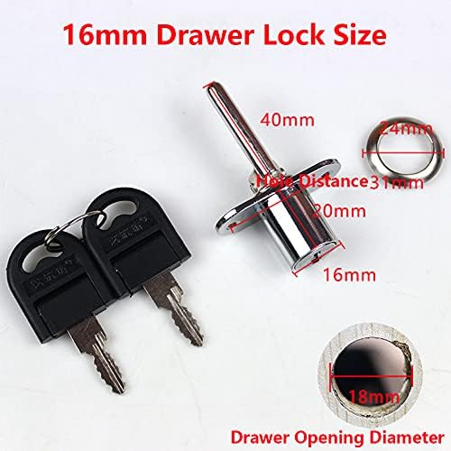 CL-Lin 2 Piece Drawer Lock Silver Plunger Lock with Key for Filing Cabinets Wardrobe Display Cabinet Furniture, Diameter 16 mm, Length 61 mm (Key Different)