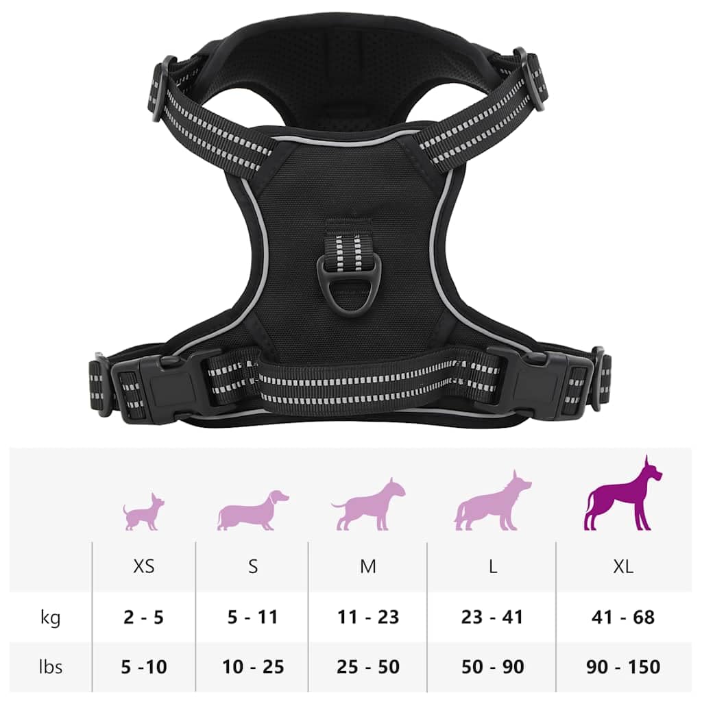 Pettorina per cani riflettente, regolabile, nera, XL, in poliestere, con 4 cinghie, 2 anelli per guinzaglio e maniglia di sicurezza, per cuccioli, passeggiate, allenamento e uso all'aperto