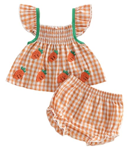 TheFound Toddler Baby Girl Easter Outfit Carrot Embroidery Plaid Short Sleeve Tube Top Ruffled...