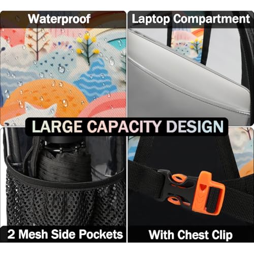 Abstract Flowers Trees Sun Animals Clear Backpack Stadium Approved PVC Backpacks for Adults Heavy Duty Clear Bag for Work Security Travel College4