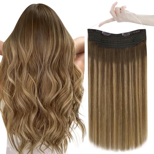 Easyouth Wire Hair Extensions Human Hair Balayage Wire Extensions Real Hair Ombre Brown to Honey Blonde Secret Hair Extensions Wire Hair Remy Invisible 12 Inch 70g
