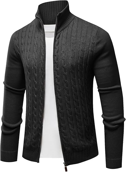 Les umes Men's Cardigan Sweaters Full Zip Stand Collar Cable Knitted Sweater Cotton Long Sleeve Zipper Cardigans