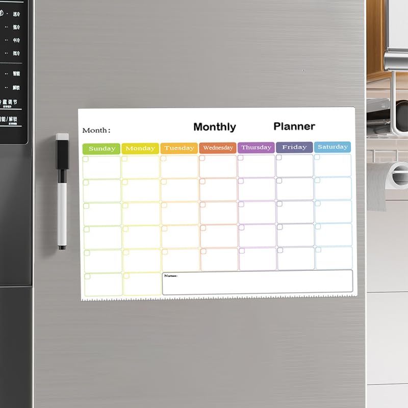 Ponko マグネットホワイトボード 可擦書き メモボード 冷蔵庫用 3種類選択（ブラック＆ホワイト/カラフルToDoリスト/月間カレンダー） 水性ペン付属 磁石ボード 予定表 スケジュール 管理 メモ 再利用可能 (月間カレンダー)