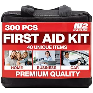 M2 BASICS Premium First Aid Kit, 300 Pieces, 40 Unique Items – First Aid Kit for Home, Car, Vehicles, Business, Travel, Outdoors, Camping, Travel Sports – Durable Bag, Emergency Medical Supplies