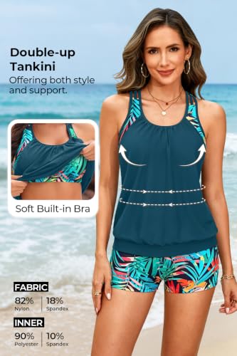 Image of Yonique Two Piece Tankini Bathing Suits T-Back Blouson Swim Tops with Boy Shorts Women Swimsuits Sporty Swimwear