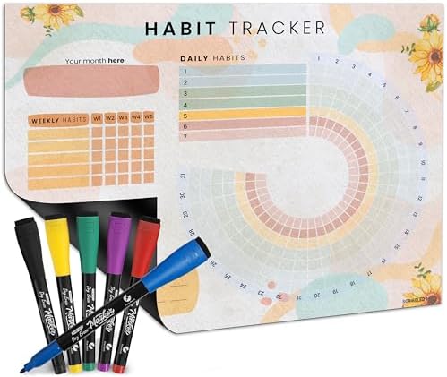 ScribbledoHabit Tracker Journal Workout Motivation Fridge Calendar Dry Erase 13‚Äù X 17‚Äù Magnet Health Fitness Goal Tracker Goals Board - With Shopping Grocery List - 6 Markers Included