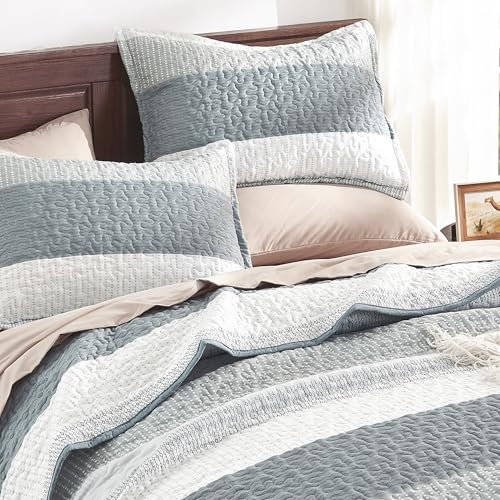 Image of Andency Grey Striped Quilt Set Cal King(104x112Inch), 3 Pieces (1 Quilt and 2 Pillowcases) Patchwork Bedspread Coverlet Set, Soft Lightweight Quilted Bedding Set