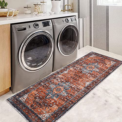 Shacos Hallway Runner Rug 2’X6’ Distressed Medallion Rug Runner Faux Wool Washable Carpet Indoor Soft Runner Rugs Vintage Rug Non Skid Entryway Rug Bathroom Bedroom Kitchen Runners, Rusty Red #TOP5