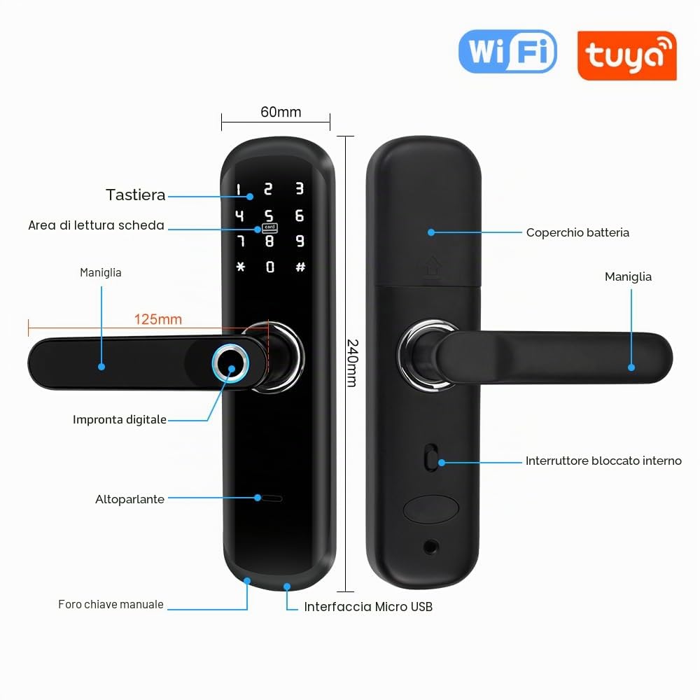 TUYA Smart Door Lock con maniglia: 5-in-1 Caratteristiche autenticazione biometrica, password digitale, ingresso senza chiave con impronta digitale, e serratura elettronica da infilare