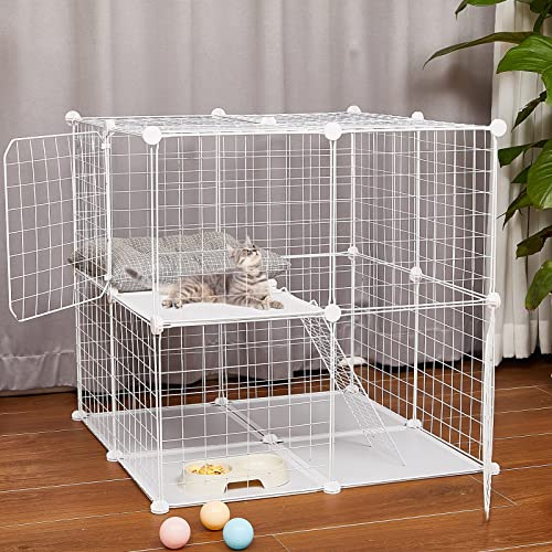 2 Tier Large Cat Cage Crate Diy Pet Playpen Detachable Dense Metal Wire Ferret Cage Indoor Cat Kennels For Kitten Puppy Bunny Exercise (White, 27.56 X 27.56 X 27.56 Inches) #TOP6