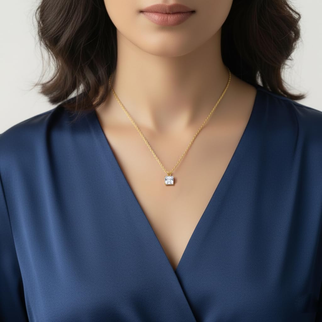 Jewelili 10K Yellow or White Gold Princess Cut Cubic Zirconia Solitaire Pendant Necklace for Women | 1.0, 1.5, or 2.0 Carat | 18 Inch Rope Chain | Gift Box Included
