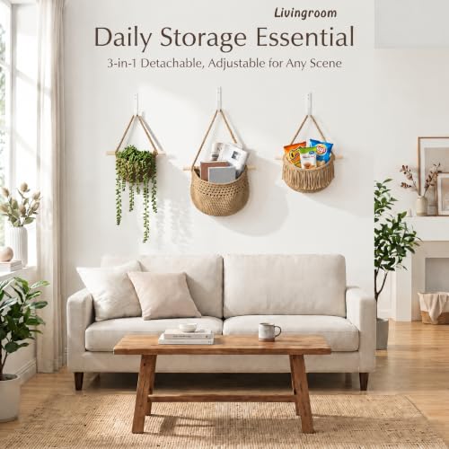GLDFI Boho Style Handwoven Rope Hanging Basket - 3-Tier Detachable Storage Organizer for Kitchen/Bathroom/Entryway, 3 Included Heavy-Duty Hooks, 7 Color Options Available (Brown) by GLDFI - Used condition - Image 5