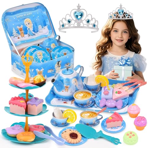 Recopilación de Juegos de té comprados en linea. 41 Juguetes de Fiestas de Té Para Niñas, 50 Piezas Juego de Té de Princesa Elsa, Juego de Simulación de Cocina con Tazas de Tetera,Postres y Funda de Transporte,Fiesta de Té de...