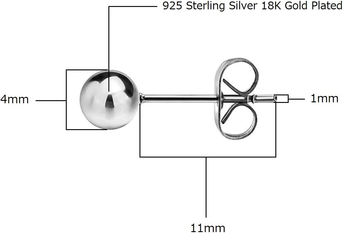 Savlano 3 Pair Tri-Color 925 Sterling Silver 18K Gold Plated Ball Stud Earrings For Women & Men