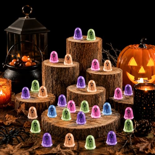 SengTu Mini Ghosts Halloween Figurines 100 PCS Glow in The Dark Resin Ghost Figurine Miniatures 5 Color Halloween Trinkets Cute Ghost Decorations for Fairy Garden Dollhouse Tiered Tray Party