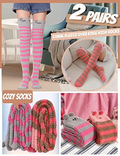 Image of MOGGEI Womens Thigh High Fuzzy Socks Warm Winter Over Knee High Long Striped Fluffy Cozy Fleece Socks 2 Pairs