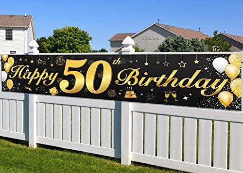 Armbracen 50th Birthday Party Decorations Banner for Men and Women, Essential Decorations Party Supplies for 50 Birthday Parties, Long Size Black and Gold Birthday Banner 210×40 cm(82.7×15.7inch)