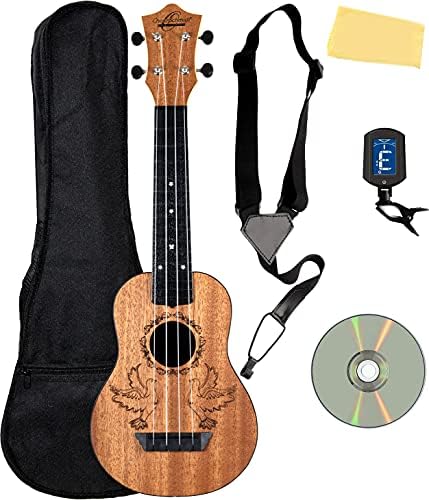 Oscar Schmidt OUN Soprano Ukulele - Dove Bundle with Gig Bag, Strap, Tuner, Strings, Online Lessons, Austin Bazaar Instructional DVD, and Polishing Cloth