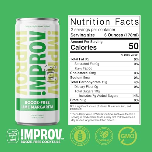 IMPROV Booze-Free Cocktails, 12oz Non-Alcoholic Beverage, Mocktail Drink Mixer, Vegan, Gluten Free, Zero Proof (4-Pack) (Lime Margarita)