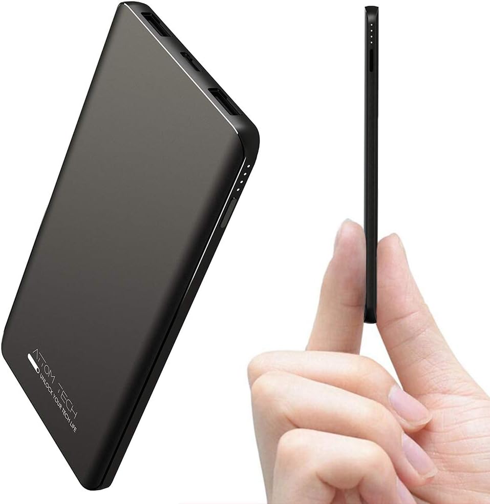 Attom Tech Triple USB Outputs Super Slim Power Bank Ultra Thin, 5000mAh Mini Portable Charger External Phone Battery Pack Small Dual USB Outlet, Emergency Phone Power Backup