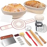 Picture of Banneton Bread Proofing Basket Set, 11 Inch Sourdough Proofing Basket and Bread Baking Supplies-Bread Lame, Danish Whisk, Bowl & Dough Scraper, Brush, (Rattan, 10in Round +10in Oval+1 Set Jar Kit)