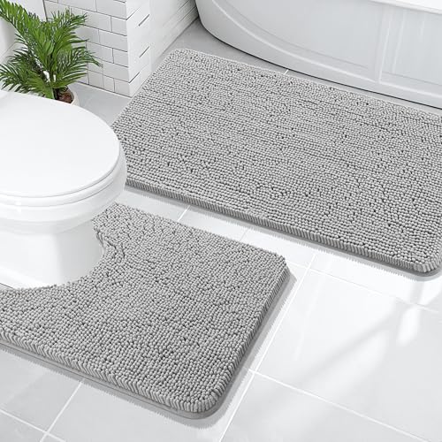 Image of OLANLY Bathroom Rugs Sets 2 Piece, Soft Absorbent Chenille Bath Mats and U-Shaped Contour Toilet Mat Area Rug Set, Machine Washable Bath Carpet, Home Decor Accessories(47 inchx20 inch+24 inchx20 inch, Light Grey)