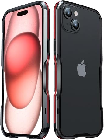 Aluminum Bumpers for iPhone 15 Pro Max Bumper Case with Strap Hole Metal Frame Bumper Cover Shock Absorbent Slim Cool Design Black+Red