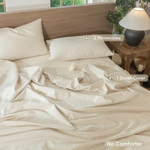 Image of MooMee Striped Duvet Cover Set 100% Washed Cotton Linen Like Oversized King | Relaxed Linen-like Texture. Soft, Breathable & Long-lasting Comfort. Lightweight. Hidden Zipper with 8 Interior Corner Ties