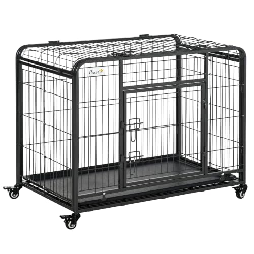 PawHut Transportbox Faltbarer Transportkäfig mit Rädern 2 abschließbare Türen und abnehmbares Tablett Metall Grau+Schwarz 94 x 58 x 69,5 cm PawHut Transportbox Faltbarer Transportkäfig mit Rädern 2 abschließbare Türen und abnehmbares Tablett Metall Grau+Schwarz 94 x 58 x 69,5 cm