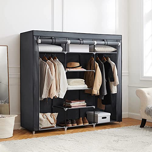 SONGMICS Armadio in Tessuto, Guardaroba Pieghevole con Barra di Sospensione, Appendiabiti, Scaffale per Borse, Giocattoli, Scarpe, Soggiorno, Camera da Letto, 150 x 45 x 175 cm, Grigio RYG12G