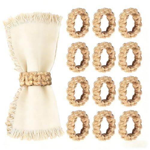 12PCS Boho Napkin Rings Set ，Rustic Boho Handwoven Napkin Rings for Farmhouse Table Decor Harvest Wedding Banquet Party Decor