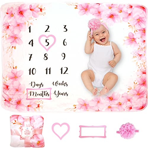 Image of Evovee Baby Monthly Milestone Blanket Girl Flowers Floral Baby Month Blanket Age Photo Blanket, Photography Backdrop Newborn Girls Props, Marker and Headband New Moms Cherry Blossoms