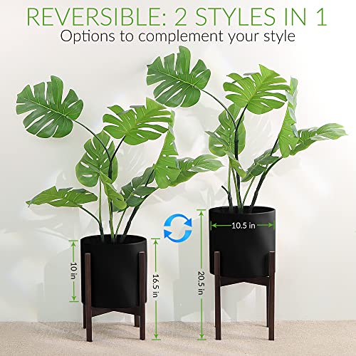 Fineiris 20.5" Tall Plant Pot With Stand, 10 Inch Black Ceramic Pot With Drainage & Wooden Plant Stand, Large Planter With Stand For Flowers, Fiddle Leaf Fig Tree, Snake Plant & Peace Lily #TOP2