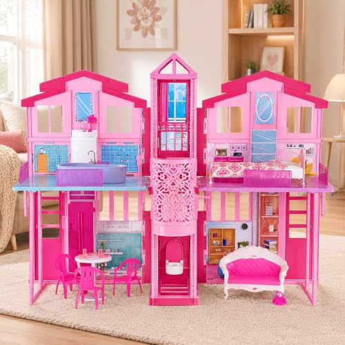 Dreamy Doll House Dollhouse Playhouse with Large Rooms & Big Furnitures Including Elevator Foldable Dolls House Toys Gifts for Girls Kids Ages 3+