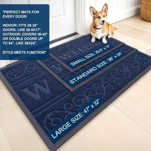 Image of OLANLY Welcome Door Mat Indoor Outdoor Entrance, Heavy Duty Sturdy Front Door Mat, Waterproof All-Weather Doormat, Stain Resistant, Low Profile, Easy Clean Patio Entryway Mat, 59 x 35, Navy Blue