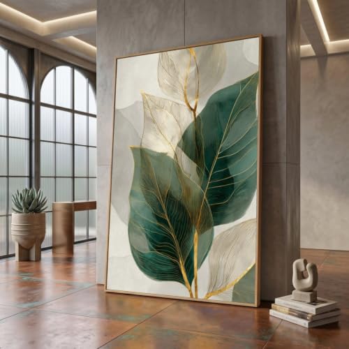 Tableau feuilles vertes et dorées 50x70 cm | Décoration chic et élégante