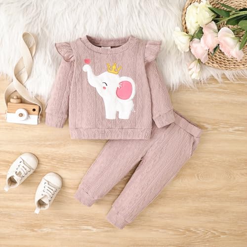 Baby Girl Clothes Outfits Fall Winter Ruffle Long Sleeves Cute Elephant Sweatshirt Pants Set 3-24 Months2