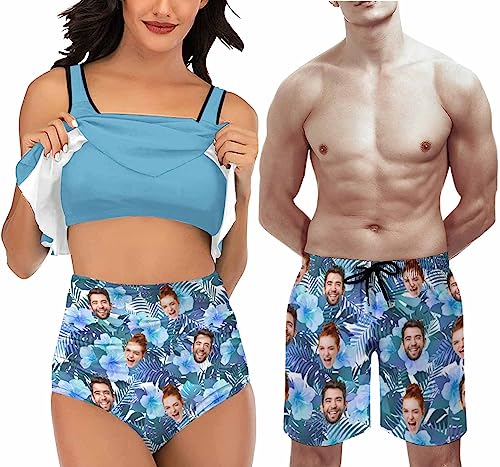 Custom Face Couple Matching Swimsuits Bikini Swim Trunks Shorts for Women Men