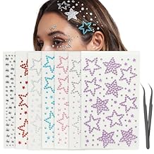 7 Pack Self-Adhesive Star Face Rhinestone Gem Stickers and 1 Black Tweezers - Suitable for Face, Eyes, Makeup, Body, Hair, Stick Gems, Y2K Star Stickers for Kids, Women