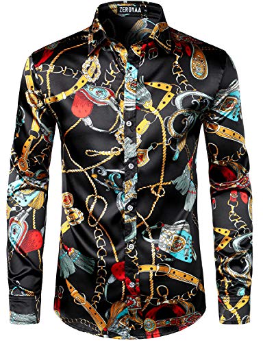 Image of ZEROYAA Men's Luxury Printed Silk Like Satin Button Down Dress Shirt for Party Prom