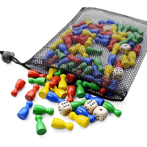 Okoss Spielfiguren Set, 80 Bunte Halmakegel Spielfiguren Holz 25 x12mm und 6 Würfel aus Holz mit Säckchen zur Aufbewahrung, Spielfiguren für brettspiele,Rot, Gelb, Blau, Grün