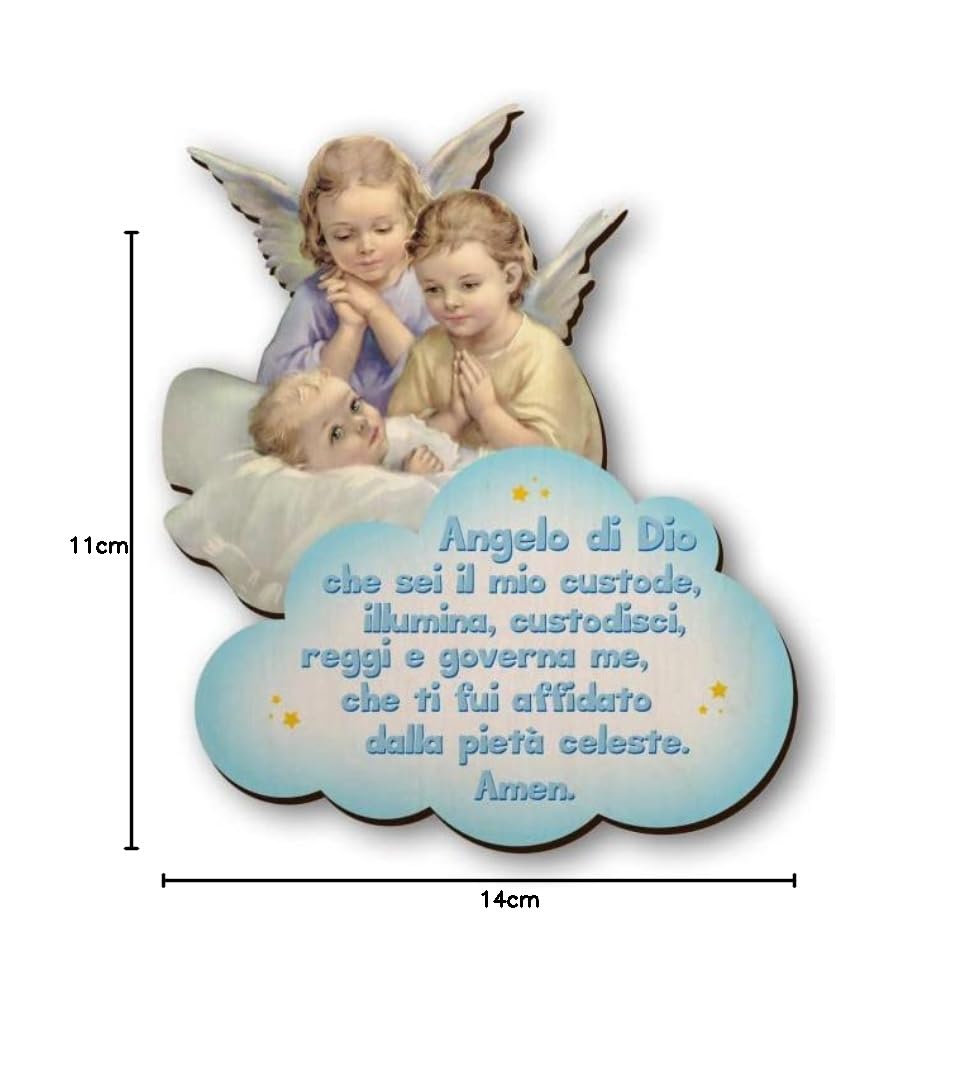 Fratelli Bonella | Quadro in legno del Bambino in culla Vegliato da due Angeli per Bambino con preghiera Angelo di Dio 11x14 cm | Made in Italy